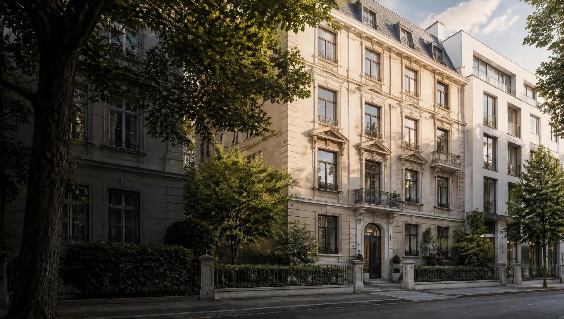 Illustrative urbane Wohnarchitektur mit sanierter Altbaufassade